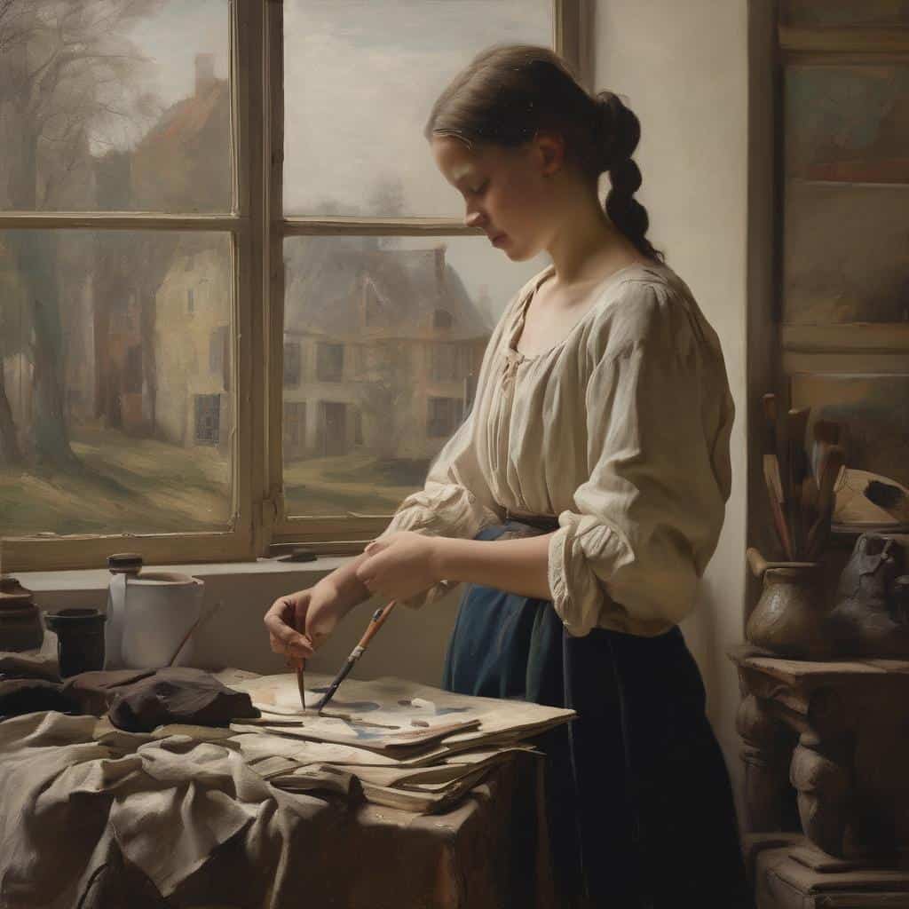 Αγία γυναίκα ζωγράφος σε στούντιο με καλλιτεχνική κληρονομιά και ιστορία, δημιουργώντας πίνακα.