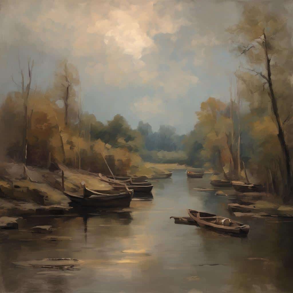 Παραδοσιακά πλοία σε ήρεμο ποτάμι, καλλιτεχνική κληρονομιά και ιστορική τέχνη.