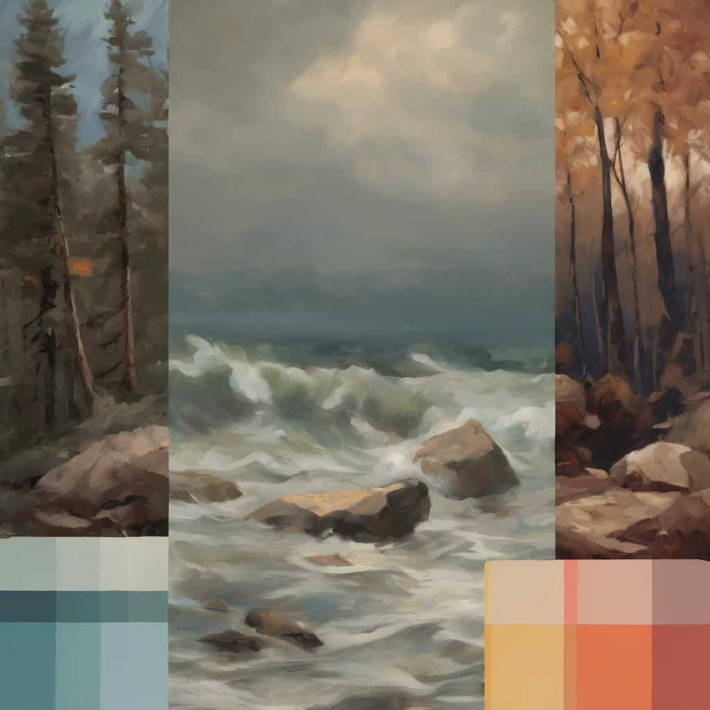 Περιγραφή φύλλου ζωγραφικής με τοπία φύσης και καλλιτεχνική κληρονομιά, ιδανικό για ιστορία και τέχνη.